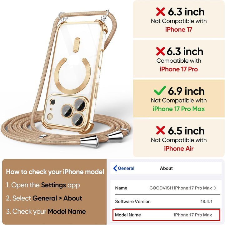 GOODVISH Handykette für iPhone 17 Pro Max Hülle mit Band, mit 2 Stück Schutzfolie und Kamera Schutz,