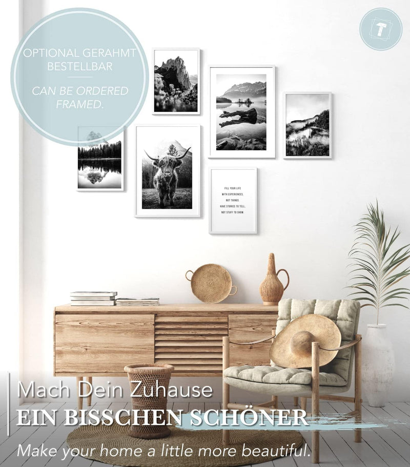 Papierschmiede® Mood Poster Set Highland Schwarz-Weiss, Bilder Wohnzimmer Deko Schlafzimmer, 2x 30x4