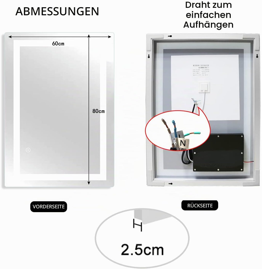 SaniteModar LED Badspiegel 60x80cm, Badezimmerspiegel mit Beleuchtung, Wandspiegel mit Touchschalter