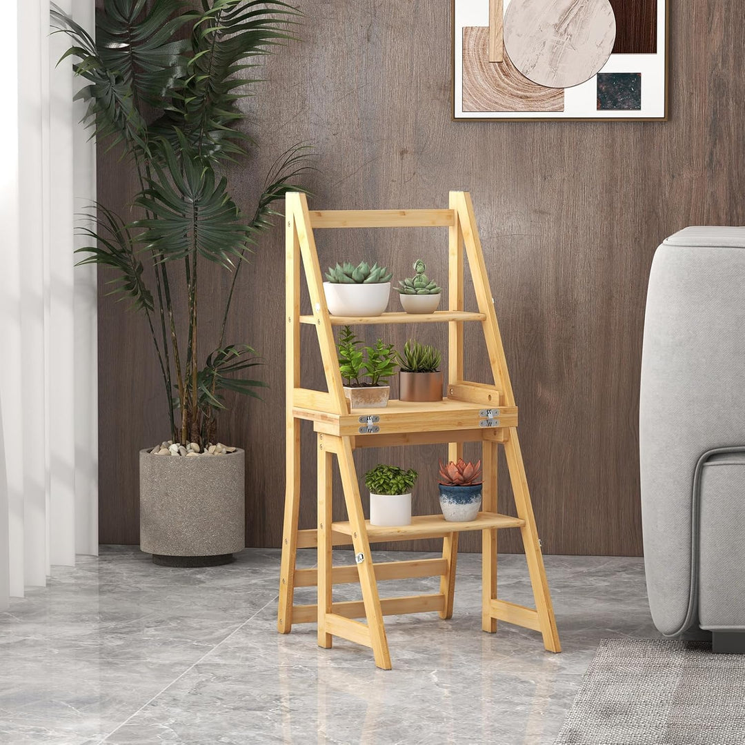 RELAX4LIFE klappbarer Leiterstuhl, Bibliotheksleiter Bambus, 3-stufiger Tritthocker mit Sicherheitss