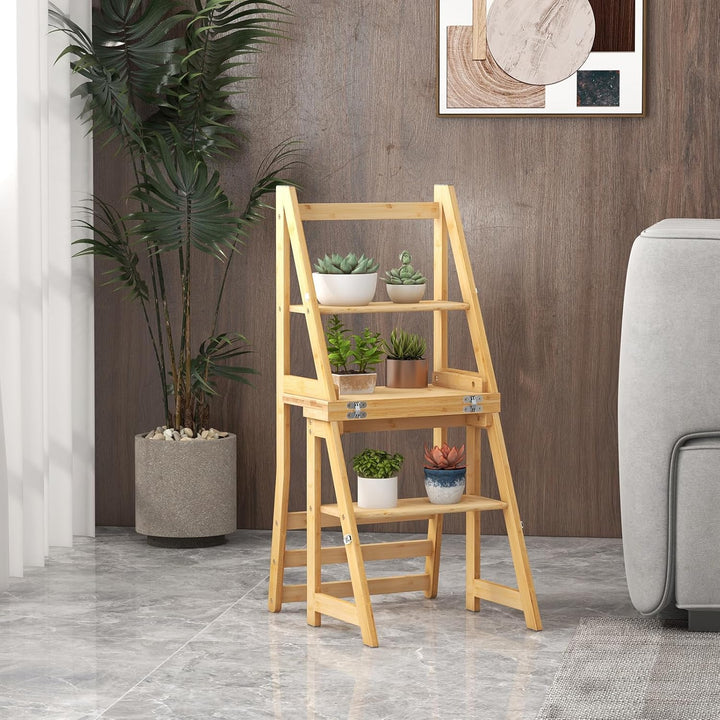 RELAX4LIFE klappbarer Leiterstuhl, Bibliotheksleiter Bambus, 3-stufiger Tritthocker mit Sicherheitss