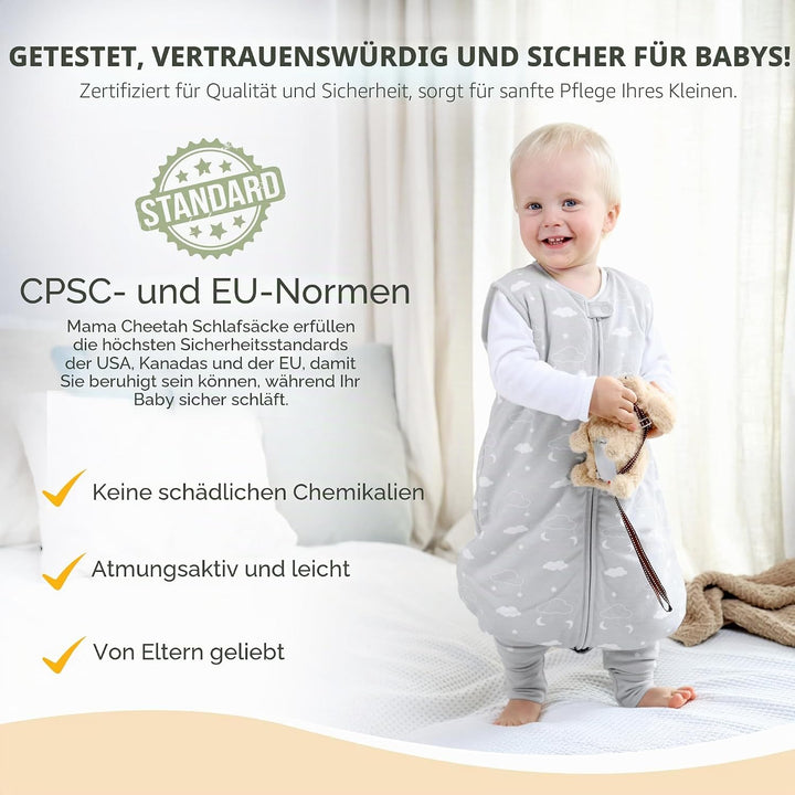 Mama Cheetah Baby Schlafsack mit Füsse 1.0 TOG, Ganzjahres Schlafsack, Bio-Baumwolle Baby Schlafsäck