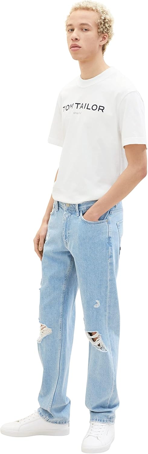 TOM TAILOR Denim Herren 90's Straight Fit Jeans 28 10121 - Destroyed Bleached Blue Denim, 28 10121 -