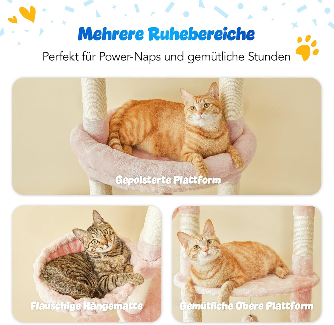 Deckenhoher Katzenbaum 234-259 cm höhenverstellbar, 2-Säulen-Design mit 12 Sisal-Pfosten, mehrstöcki