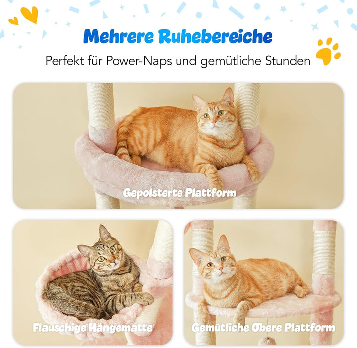 Deckenhoher Katzenbaum 234-259 cm höhenverstellbar, 2-Säulen-Design mit 12 Sisal-Pfosten, mehrstöcki