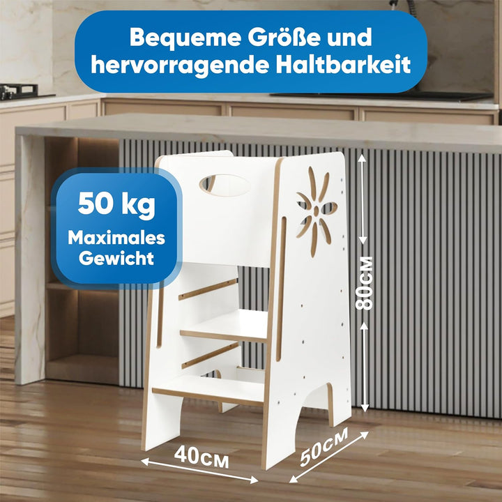 Kitchen Kids Helper Lernturm ab 1 Jahr - Höhenverstellbarer Lernturm Montessori Weiss 80cm - Sichere