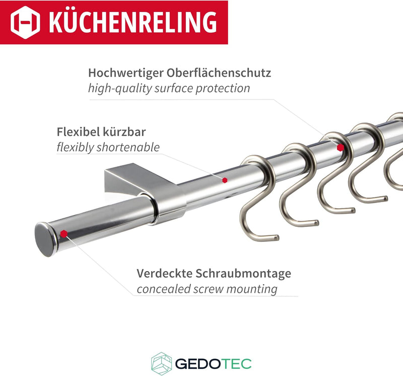 Gedotec Design Küchenreling Wand-Relingsystem Küche | Edelstahl-Optik | Reling-Set Länge: 1200 mm |