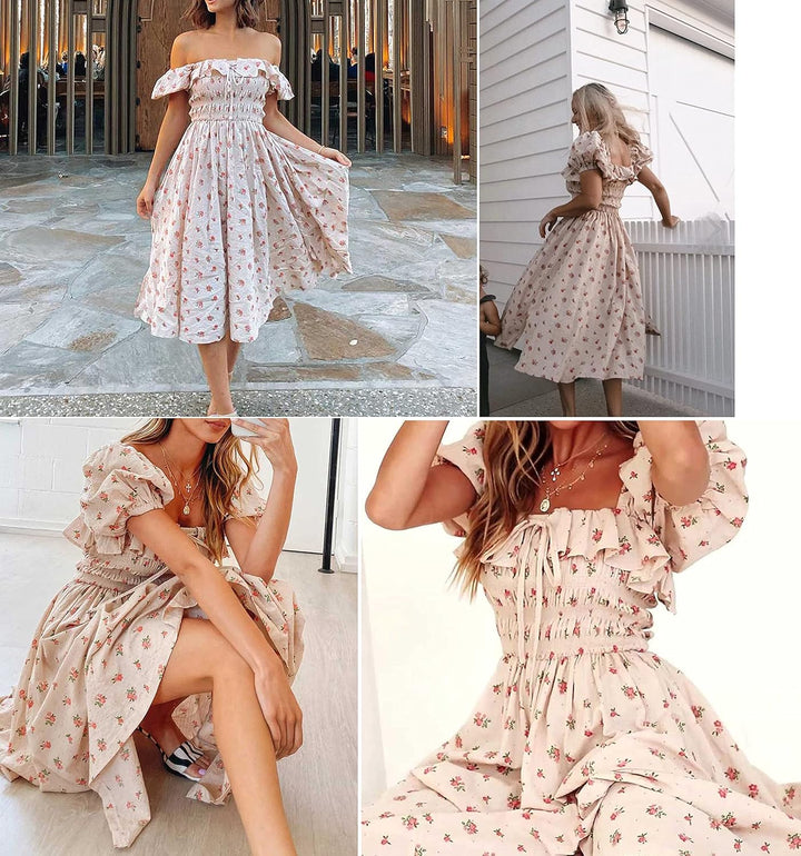 R.Vivimos Damen Casual A-Line Print Vierkant Puff Ärmel Kleid Saum Hohe Taille Midi Fitted Kleid Ber