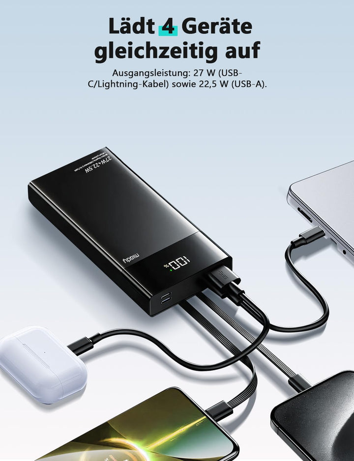 Miady Powerbank 20000mAh, 27W Schnellladen mit Integrietem USB-C Kabel, Externe Handyakkus kompatibe
