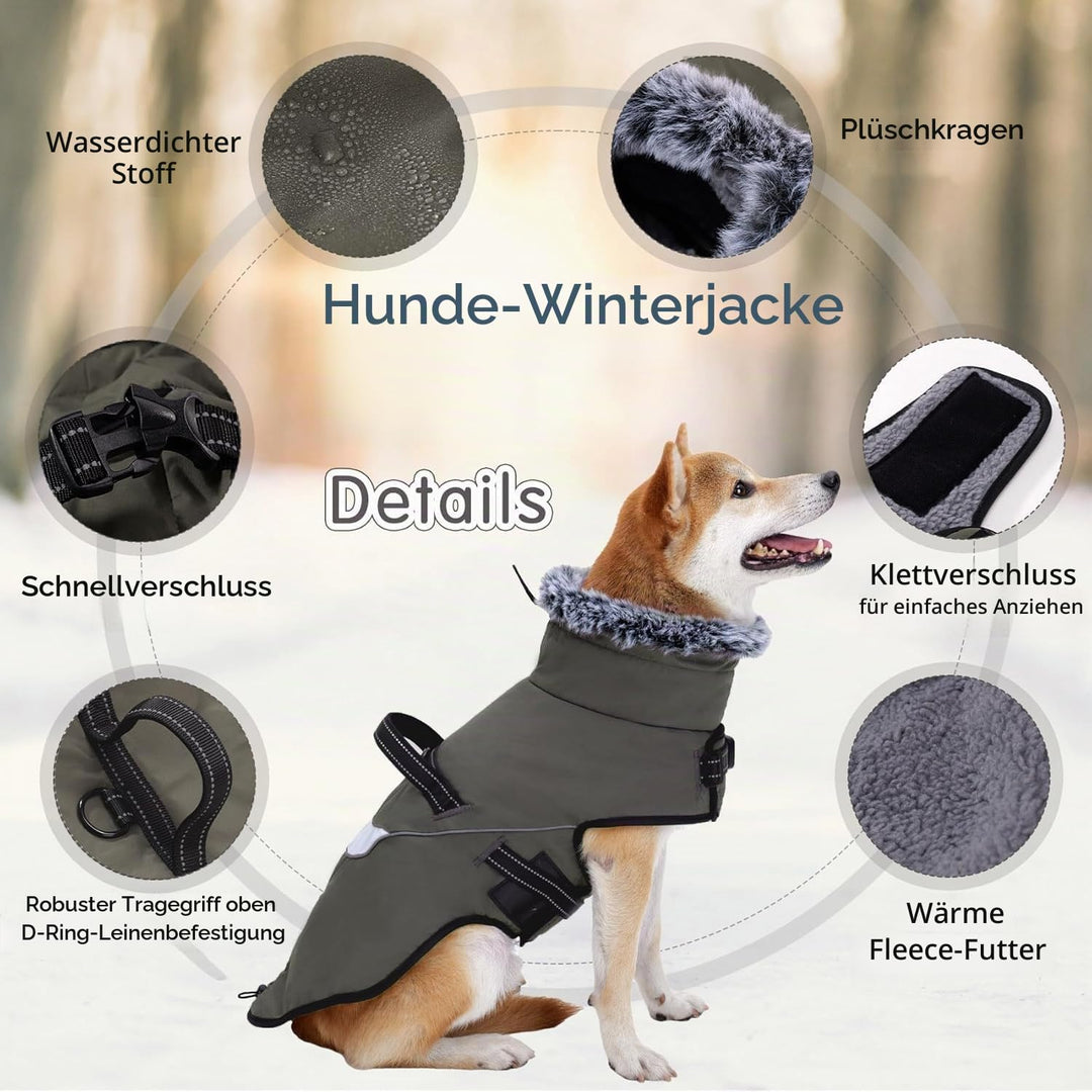 LIANZIMAU Wasserdichter Hundemantel mit Geschirr Wintermantel Hundepullover Fleece Reflektierende Hu