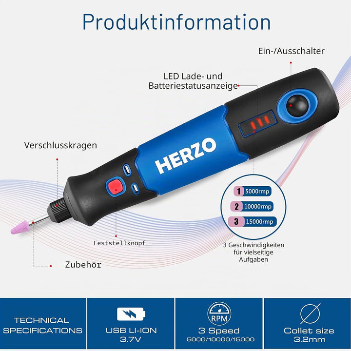 HERZO Mini Multifunktionswerkzeug, 3.7V Li-Ion Akku Mehrzweckschleifmaschine, mit 3 variabler Drehza