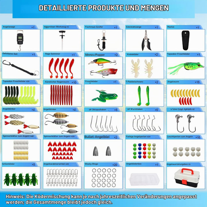 213 PCS Angelzubehör-Set,Angelkoffer mit Zubehör Angelset mit Blei-Gewichten,Haken,Angelköder,Angela