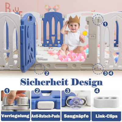 Aufun Laufstall Baby Faltbar, Laufgitter mit Tür und Spielzeugboard, 12 Panel Blu+Weiss Baby Absperr