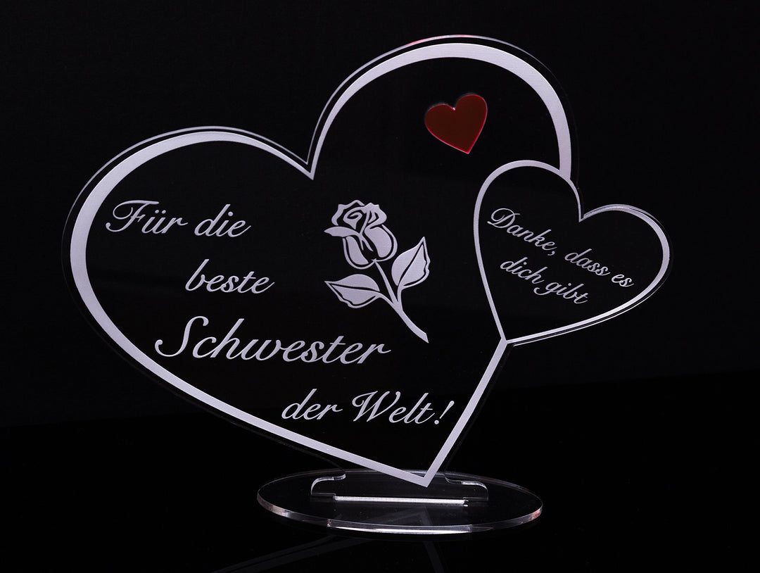 Acryl Schild in Herz Form "Für die beste Schwester der Welt" die perfekte Geschenkidee, mit Lasergra