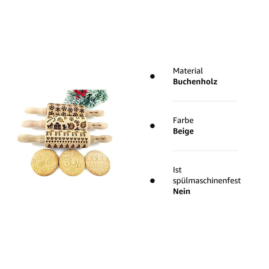 Kinder Nudelholz mit Muster Weihnachten Backen 3-er SET - Teigroller Holz für DIY Weihnachten Plätzc