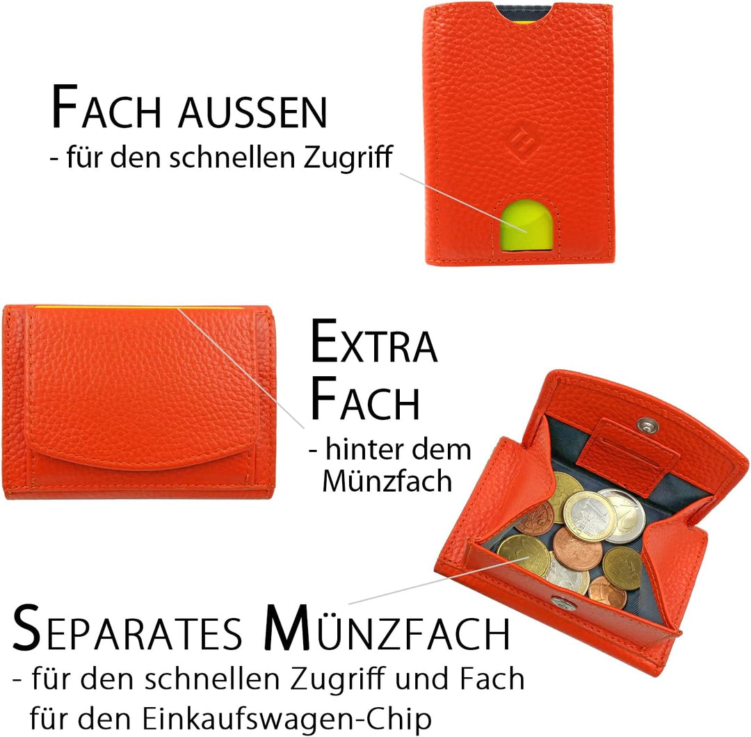 Mini Geldbeutel Damen, Reise Geldbörse, klein viele Fächer, Leder orange, RFID Blocker Münzfach gros