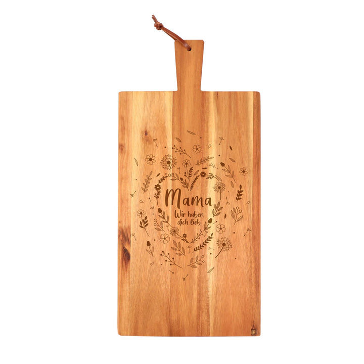 Holz Schneidebrett mit Griff für Mama, Frühstücksbrettchen mit Blumenherz Gravur, Geschenk für Mama