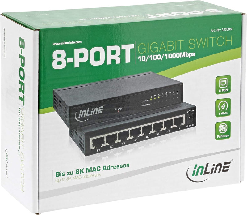 InLine 32308M Netzwerk Switch 8-Port, Gigabit Ethernet, 10/100/1000MBit/s, Desktop, Metall, lüfterlo