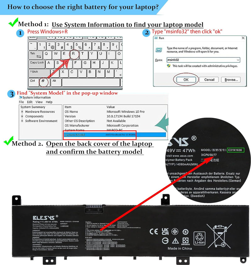 BLESYS C31N1636 Akku für ASUS VivoBook Pro 15 N580G N580GD N580VD N580VN X580VD X580VN M580GD Series