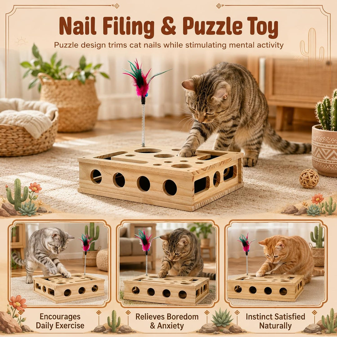 Katzen Kratzpuzzle 2-in-1 Nagelfeilen Box mit Sandpapier, Interaktives Katzenspielzeug Holz für Stre