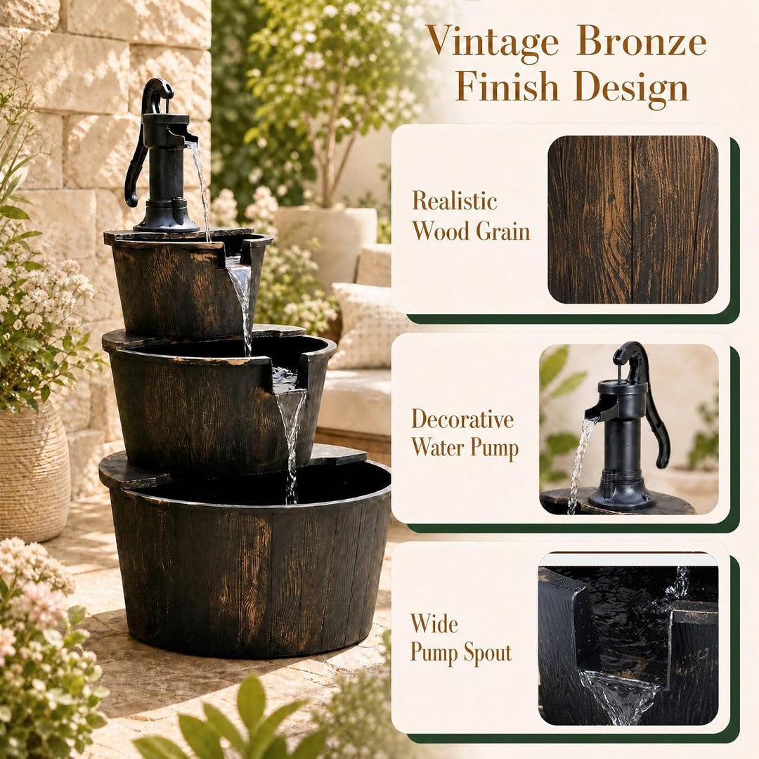 HOMASIS Gartenbrunnen mit Verstellbarer Pumpe, Antikbronze | Springbrunnen mit 3 Ebenen, dekorativer