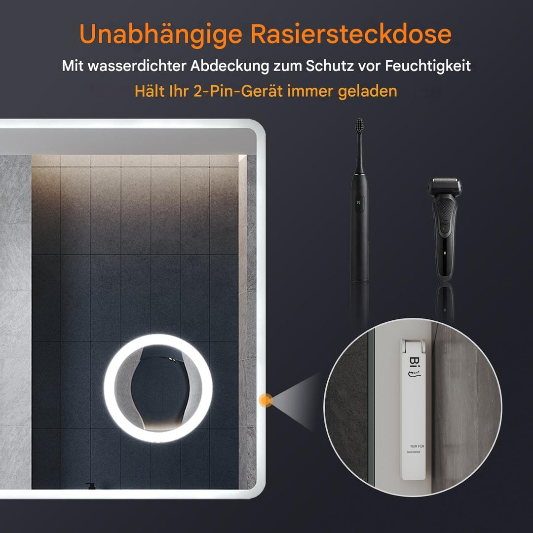 LED Badspiegel 120 x 70 cm Spiegel Bad mit Beleuchtung, 3 Farbe modi, Steckdose, 3X Lupe, Anti-Besch