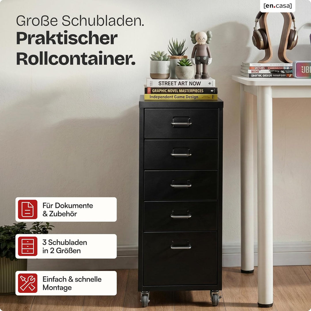 [en.casa] Rollcontainer Kökar Schubladenschrank Metall Aktenschrank mit 5 Schubladen Bürowagen mit R