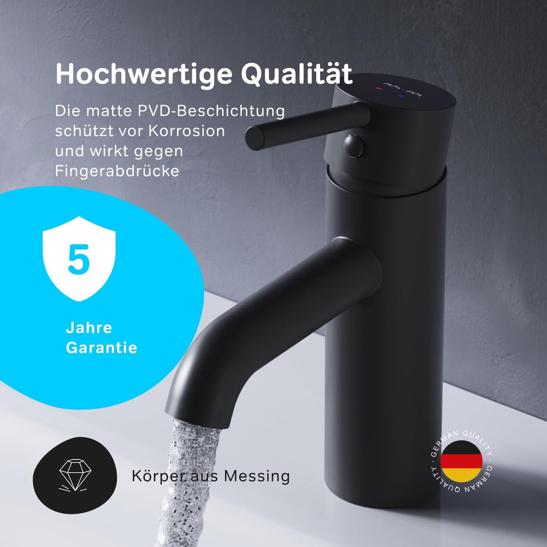 AM.PM Spike Waschtischarmatur Schwarz – Elegante Badarmatur mit Klick-Ablaufgarnitur, Hochwertiger W