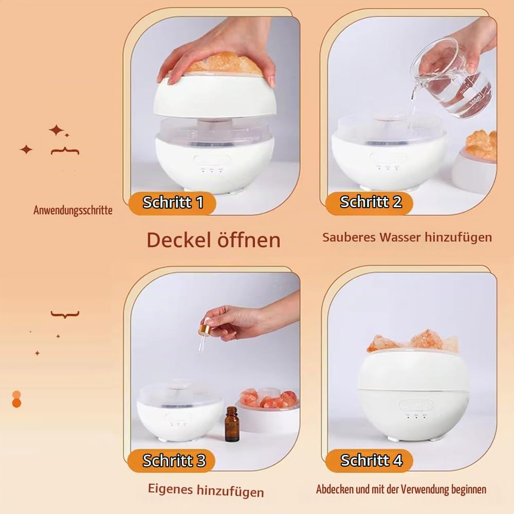 Salzsteinbefeuchter mit LED Umgebungslicht, Flammenlicht und Regenbogengradient USB Aromatherapie Ma