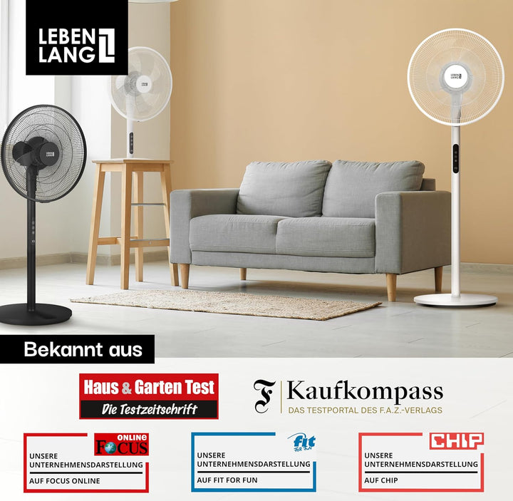 LEBENLANG Stand Ventilator leise - Mit Fernbedienung & LED-Display & 5 Modi I Oszillierend Energiesp