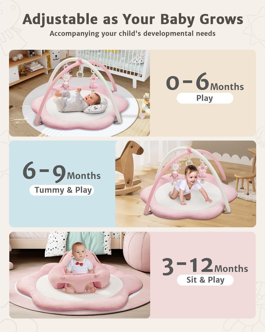 3-in-1 Baby Spielmatte mit Sitzhilfe – Blumenförmige Krabbelmatte &amp; Baby Gym mit 5 Abnehmbaren Spiel