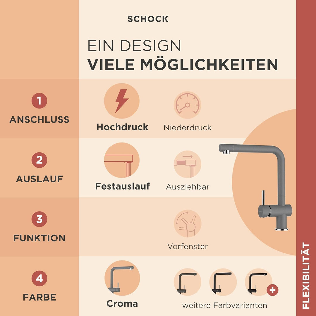 SCHOCK Küchenarmatur Epos Croma – Hochdruck Armatur mit Festauslauf und Standard Norm-Anschlüssen Fe
