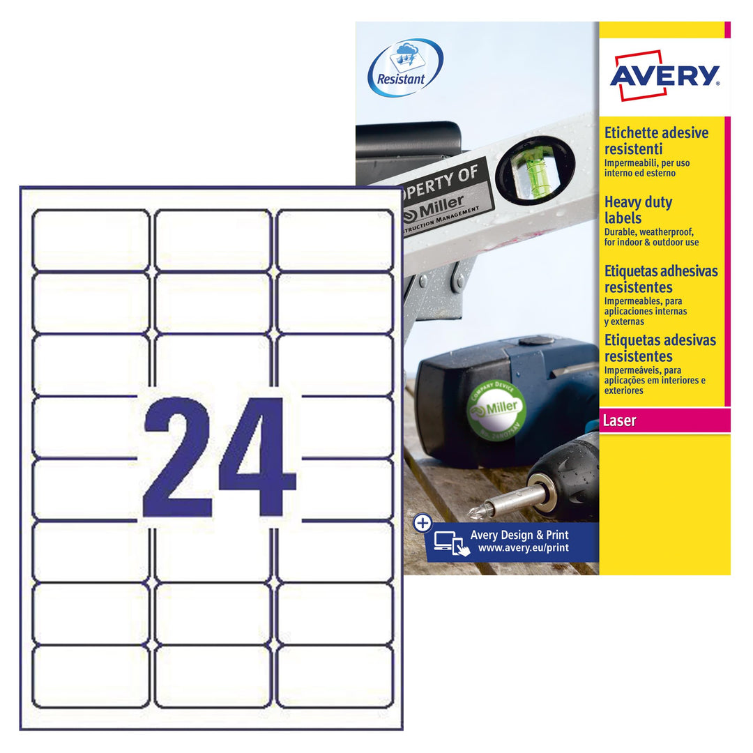 Avery L4773-20 Robuste Laseretiketten ( 24 Stück pro Blatt, 63,5 x 33,9 mm) 480 Etiketten weiss