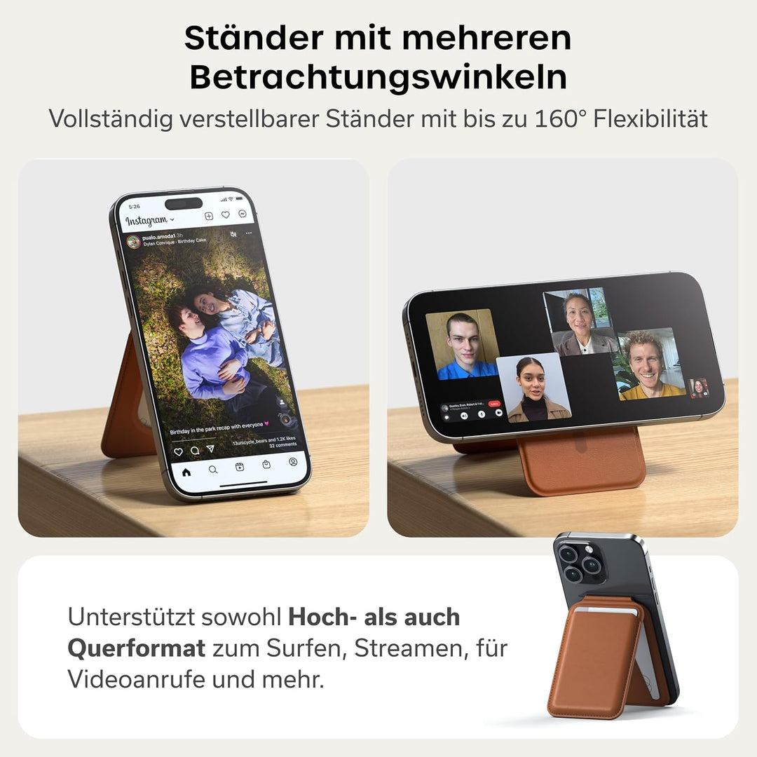 SATECHI Magsafe Wallet und Double Flap Stand mit Magnetfunktion, iPhone Wallet mit 4 Kartenfächern,