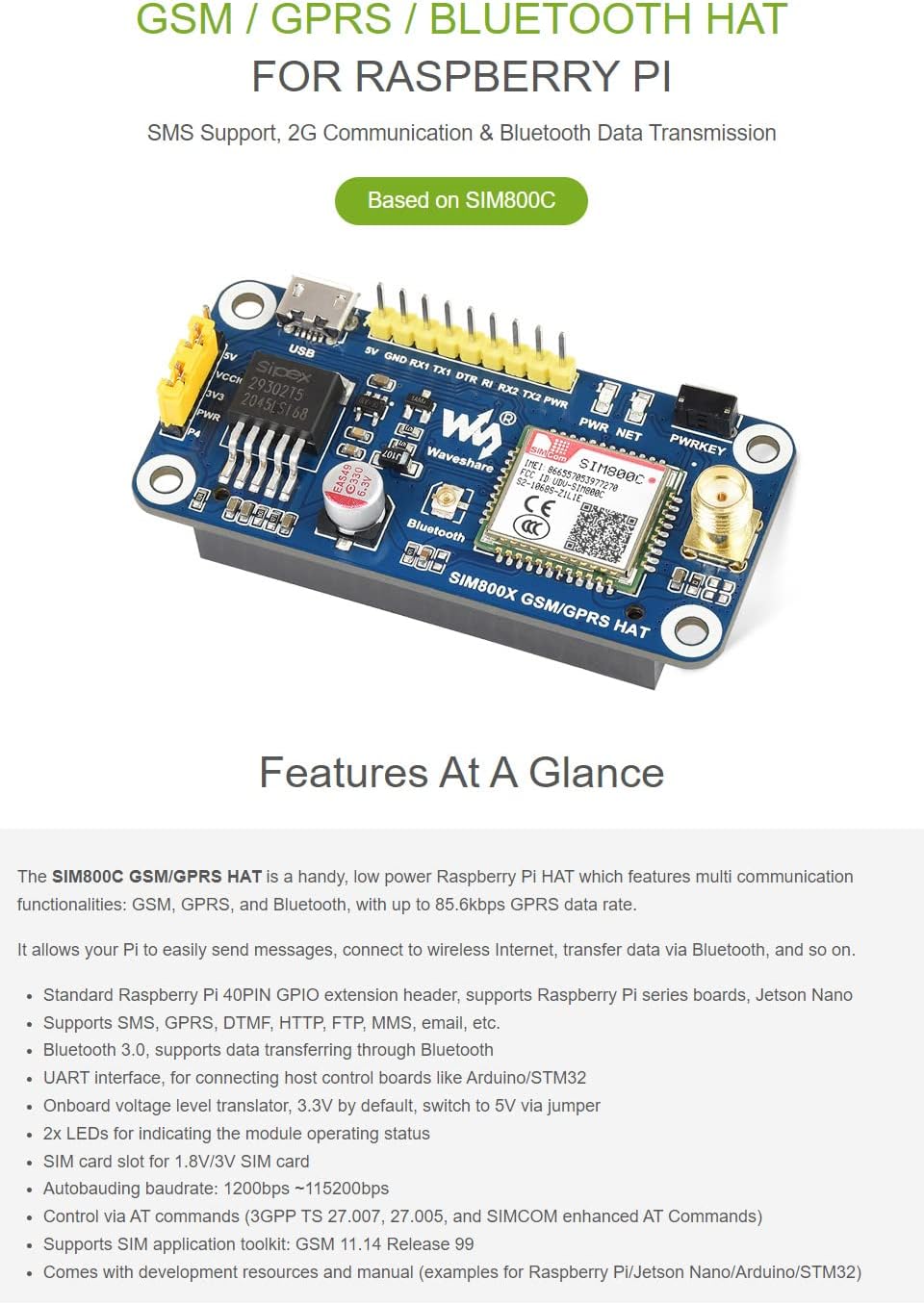 Waveshare GSM/GPRS HAT for Raspberry Pi 2B/3B/3B+/Zero/Zero W Jetson Nano Based on SIM800C Send Mess