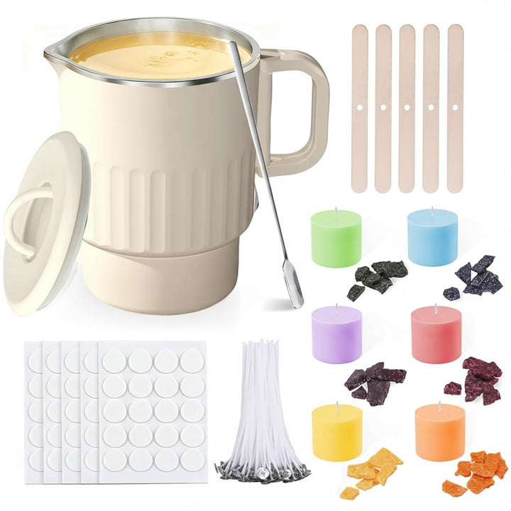 OKYUK Kerzen Selber Machen Set mit Wachsschmelzer, 1000ml Wachsschmelztopf mit Ausgiesser, 6 Kerzenf