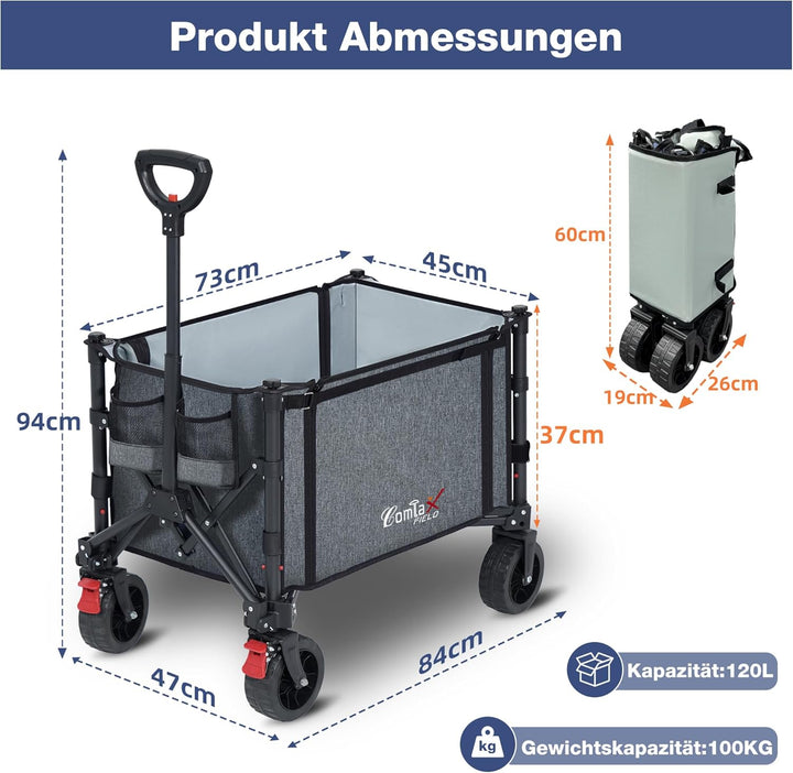 COMLAX FIELD Bollerwagen Faltbar mit Grosse All Terrain Räder, 120L 100KG Klappbarer Bollerwagen mit