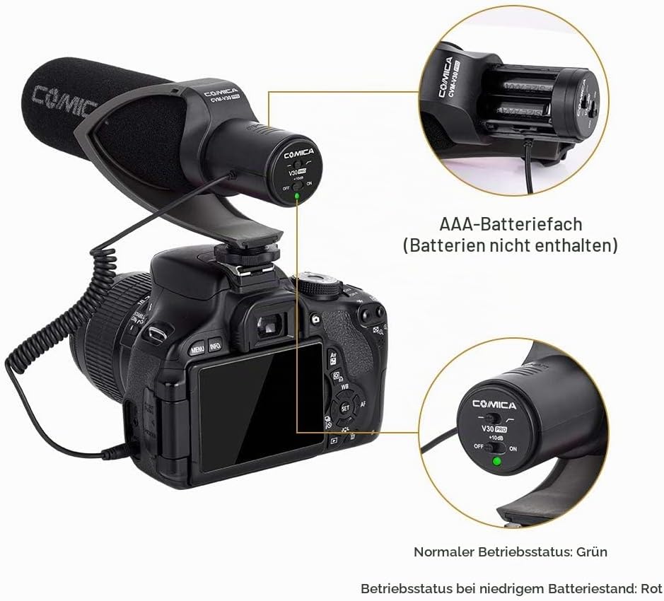 COMICA CVM-V30 PRO Kamera Mikrofon, Professionelles Super-Kardioid Kondensor Shotgun Video Mikrofon