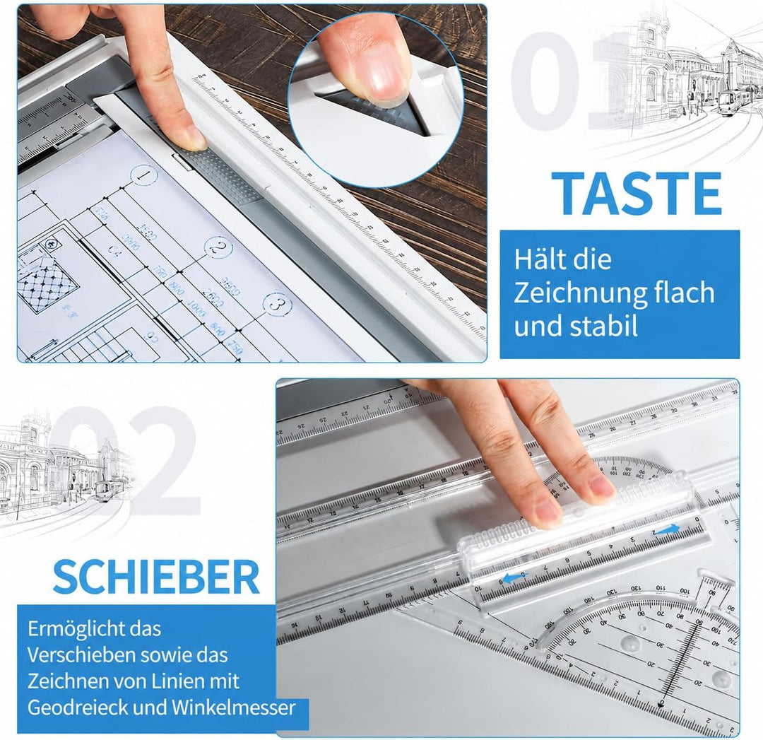 Multifunktions Zeichenplatte A3 Set, DIN A3 Zeichenplatte mit Zeichnungswerkzeuge Zirkel Zeichenstif