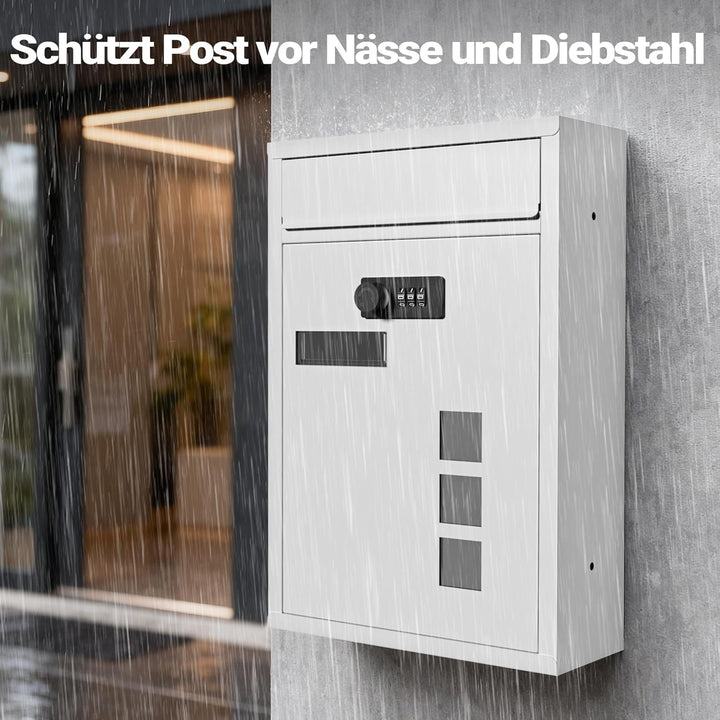 Wiltec Briefkasten weiss 215x320x90mm Briefkasten mit Zahlenschloss, Namensschild und Sichtfenster P