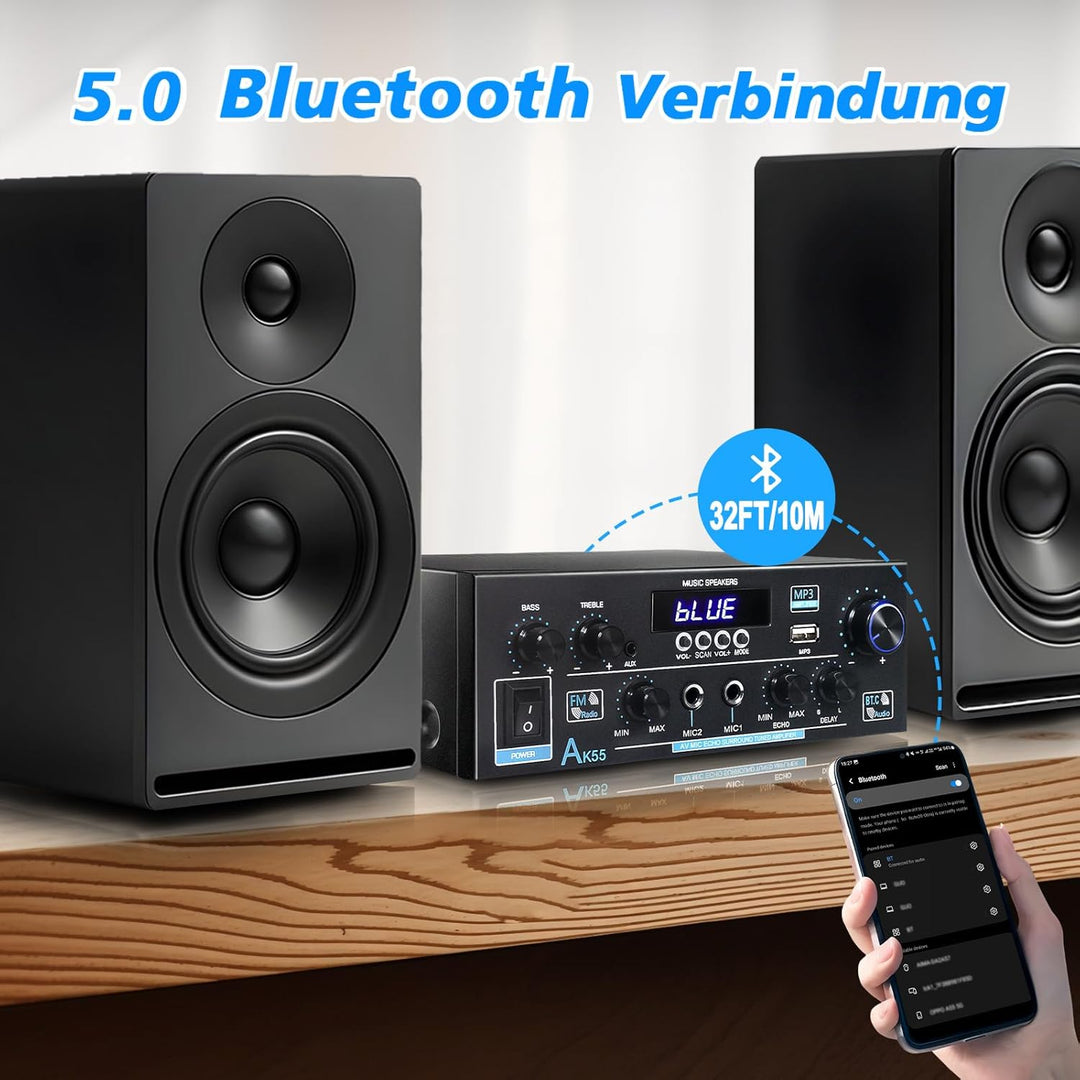 HiFi Audio Verstärker- WOOPKER AK55 Mini Bluetooth Amplifier Receiver 12V/ 220V 600W, 2 Kanäle Verst