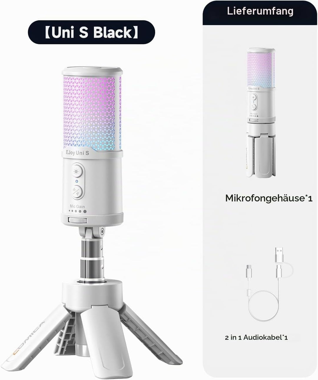 COMICA Ejoy Uni S USB Gaming Mikrofon mit RGB, 48kHz/24Bit, Noise Cancellation Kardioid-Kondensator