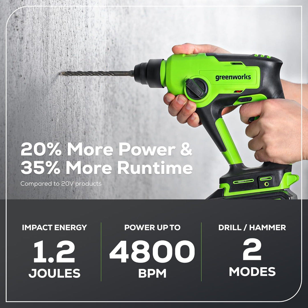 Greenworks 24V bürstenloser Akku-Bohrhammer, Schlagenergie 1,2 Joule, SDS-Plus, nur Werkzeug Nur Wer