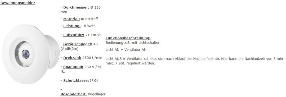 VONLIS Badlüfter Ventilator Wand Decke Niederspannung rund Ø 150 mm Bewegungsmelder, Ø 150 mm Bewegu