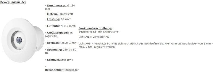 VONLIS Badlüfter Ventilator Wand Decke Niederspannung rund Ø 150 mm Bewegungsmelder, Ø 150 mm Bewegu