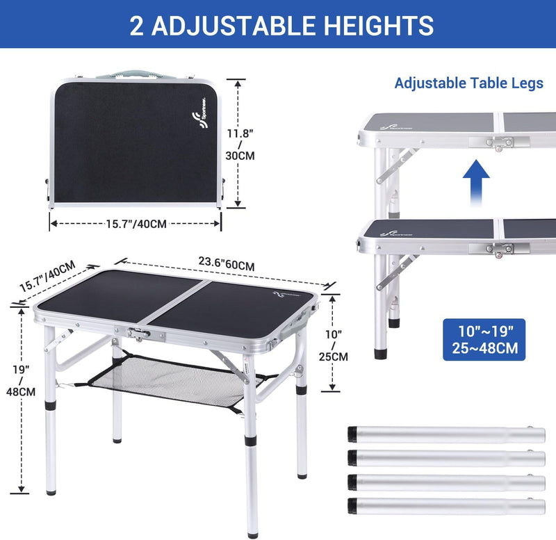 Sportneer Klapptisch, 2 Verstellbare Höhe Camping Tisch mit Mesh Aufbewahrungsmöglichkeit, 60 x 40cm