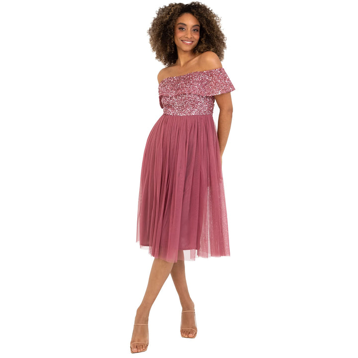 Maya Deluxe Damen Ladies Bardot Dresses Women Midi High Empire Waist Sequins Embellished Formal Even