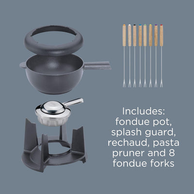 Spring Gusseisen Fondue Set schwarz | Ø 20 cm | mit 8 Fonduegabeln und Spritzschutz | für Käsefondue