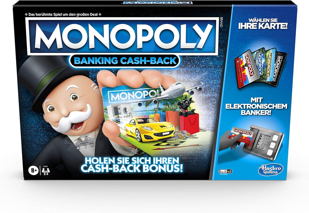 Hasbro Banking Cash-Back Brettspiel; elektronischer Kartenleser; Cash-Back Bonus; bargeldloses Zahle