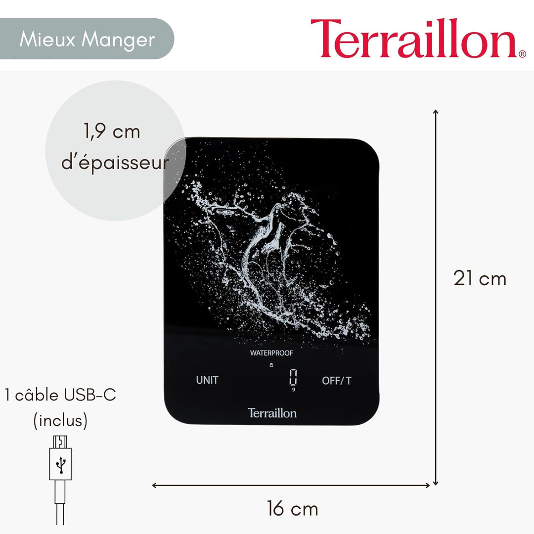 TERRAILLON - AQUA RESIST – Elektronische Küchenwaage, wasserdicht IP67, Display Magic LED mit Hinter